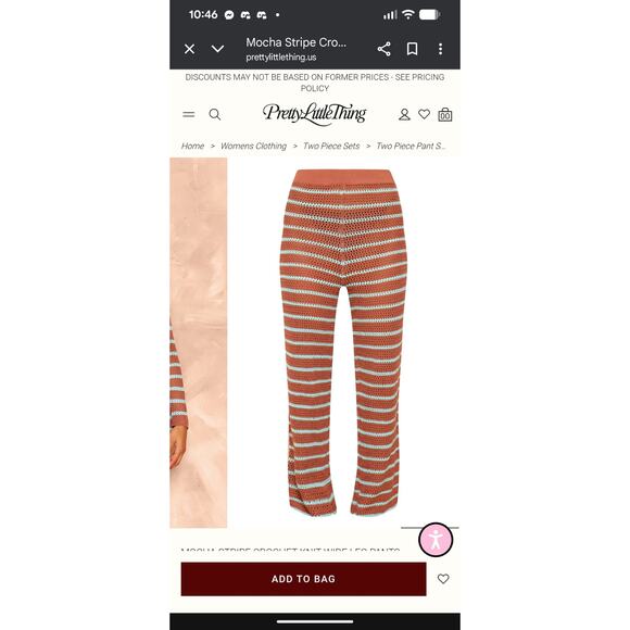 PrettyLittleThing Mocha Stripe Crochet Knit Wide Leg Pants NWT UK Size XS - Picture 5 of 8